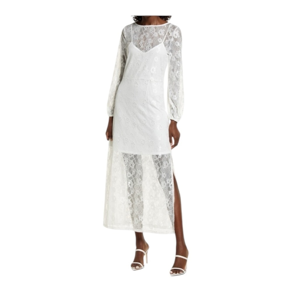 Open Edit Sheer Lace Long Sleeve Maxi Dress in White NWT